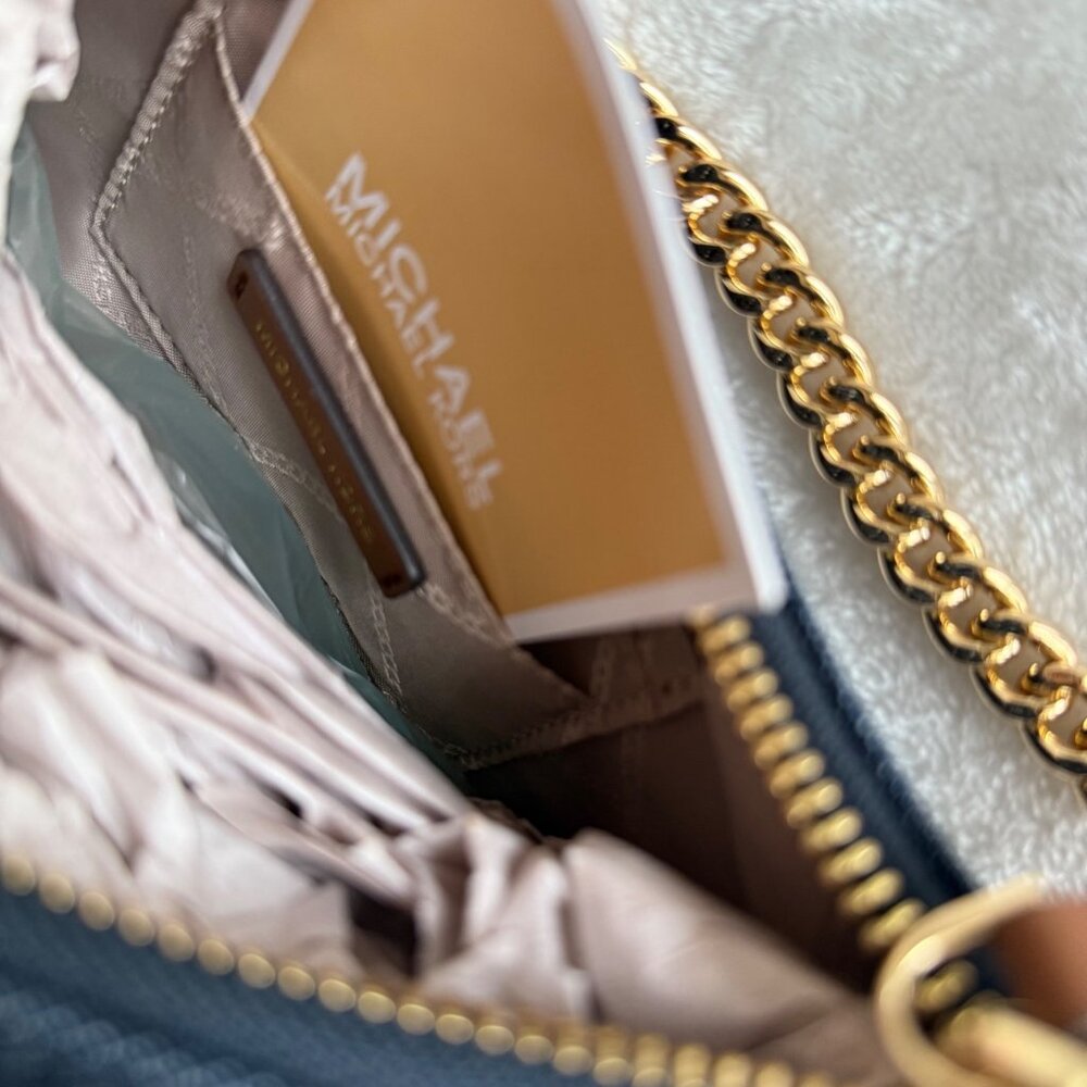 NWT‎ Michael Kors $198 Jet Set Charm Small Denim Pochette handbag gold chain - Picture 9 of 11